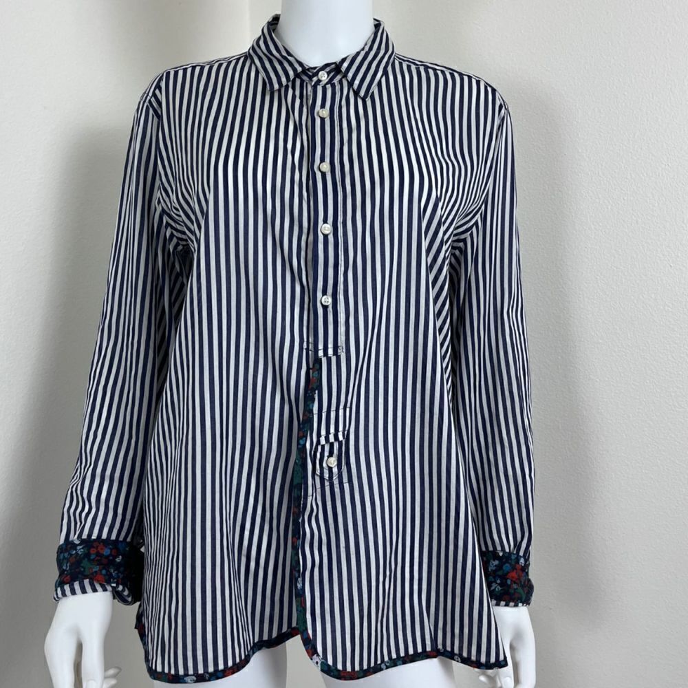 Holding Horses Women's Size M Button Stripped Floral Cotton Blouse Top Nautical - Picture 11 of 15
